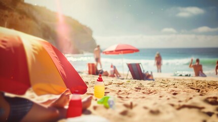 Vibrant Beach Day Scene with Families Using Sun Protection and Hydrating, Sunny Afternoon Setting