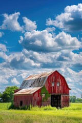 Obraz premium A small red barn standing in a lush green field with clouds in the sky