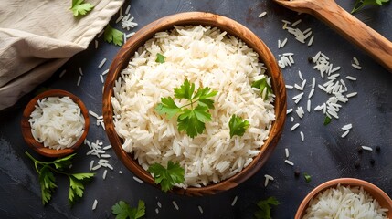 Delicious Homemade Steamed Basmati Rice Served in Wooden Bowls with Fresh Herbs