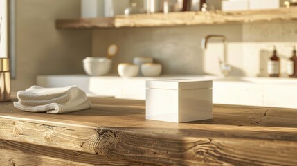 A wooden countertop with a small white box on top, suitable for various settings and uses