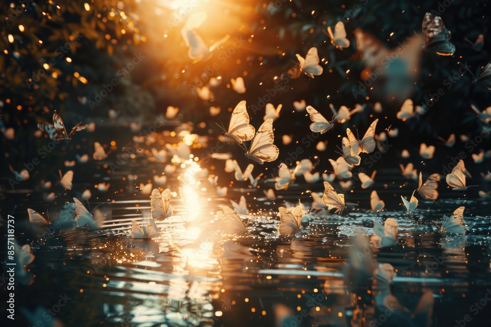 Poster a group of colorful butterflies flying above the surface of a calm lake, with trees and reeds in the