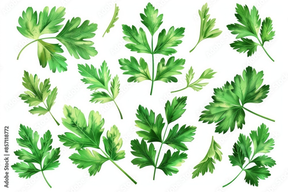 Poster a cluster of fresh green leaves against a clean white surface, ideal for use in designs where natura