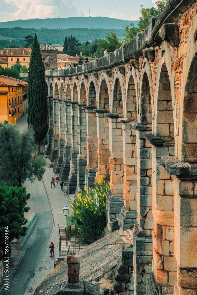 Poster a picturesque stone bridge with multiple arches, suitable for travel or architecture images