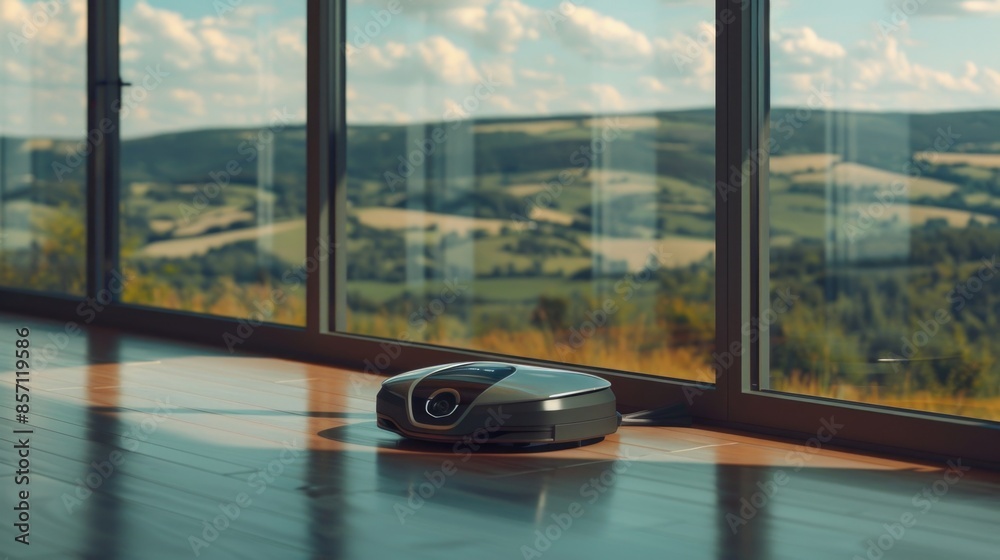 Poster A robot is standing on the floor of a room with a large window