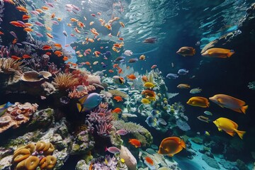 Group of fish swimming together in coral reef habitat