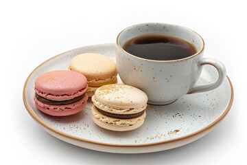 Macarons and coffee on a plate isolated on a white background. Created with Generative AI technology.