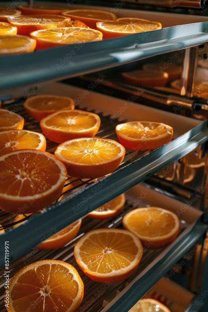 Poster a selection of fresh oranges arranged on a wooden rack for display or transportation