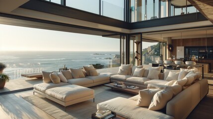 Fototapeta premium A comfortable living room with many pieces of furniture, situated next to the ocean