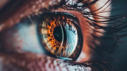 This image shows a close-up of an eye with detailed iris patterns, long eyelashes, and highlights reflecting in the eye.