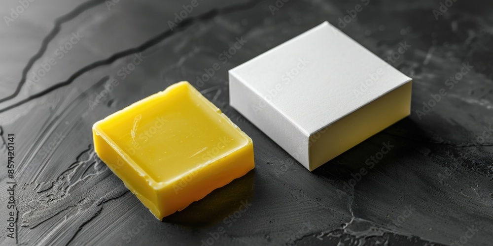Poster a piece of cheese sits next to a cube of butter on a surface
