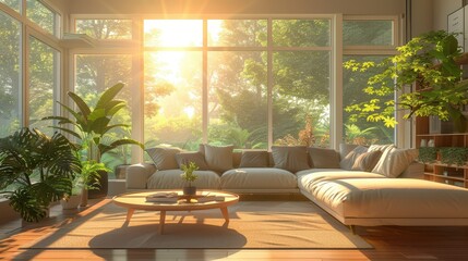 Fototapeta premium A bright living room with a sectional sofa, a coffee table, and large windows, illustration background