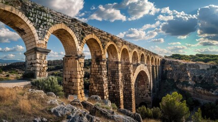 Obraz premium A stone bridge over a river with a serene blue sky in the background
