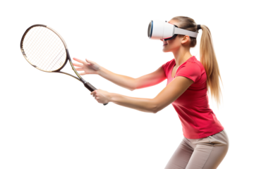 Young women Virtual reality tennis isolated on white background