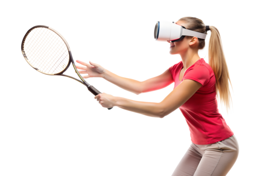 Young women Virtual reality tennis isolated on white background