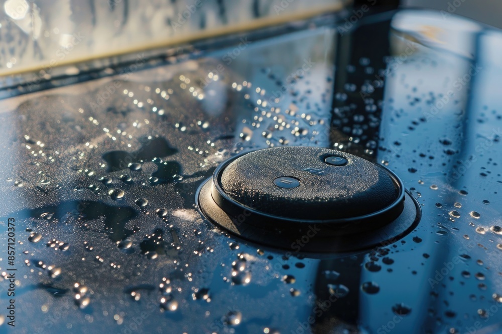 Poster a close-up shot of a car's hood with water droplets glistening on the surface, suitable for use in s