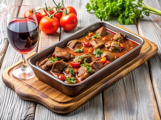 Beef Stew with Tomatoes and Parsley, Red Wine, Wooden Background.