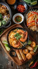 Capture a highquality photo of a beautifully arranged selection of Thai cuisine dishes on a traditional wooden table The spread includes vibrant and colorful Pad Thai with shrimp a