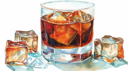 Watercolor whiskey, rich amber, glass with ice cubes, isolated on white background