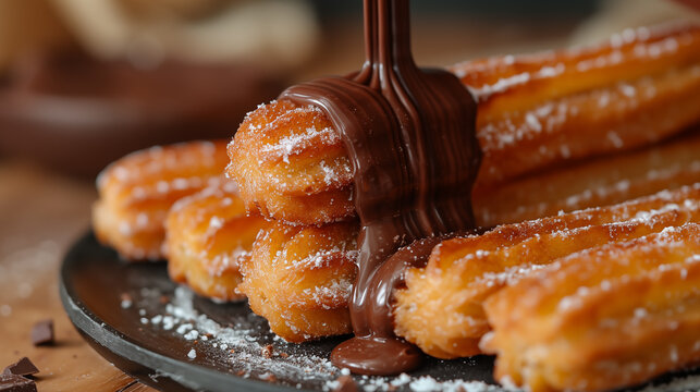 Churros with chocolate on plate, closeup. Delicious dessert - Powered by Adobe