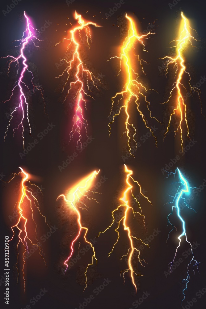 Poster a set of lightning flashes on a dark background, suitable for use in weather or electrical themed co