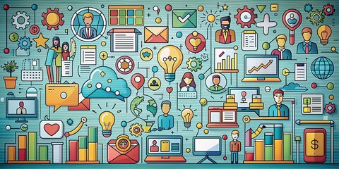 A colorful and busy image with many different shapes and people