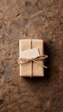 A small, rustic gift box wrapped in brown paper and tied with twine, with a blank tag. The box is sitting on a textured wooden surface.