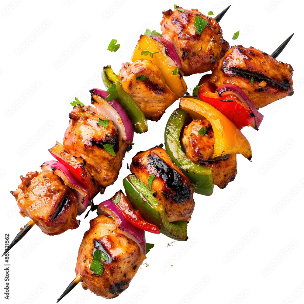 Wall mural Delicious grilled chicken skewers with colorful bell peppers and onions, perfectly seasoned for a tasty barbecue meal.