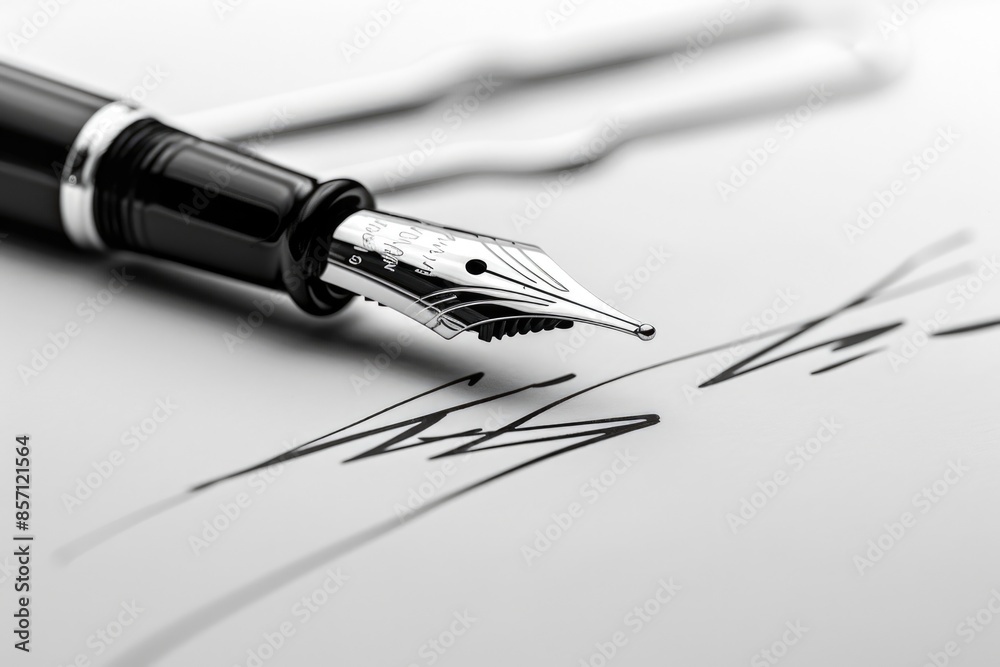 Poster a close-up shot of a fountain pen resting on a piece of paper, ready to write