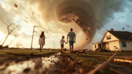 Fototapeta premium Urgent Family Evacuation During Tornado Warning: Diverse Parents and Children Flee Home, Debris Scattered, Intense Natural Lighting