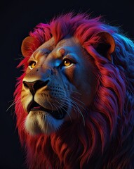 Naklejka premium A close-up portrait of a majestic lion's head with a flowing mane