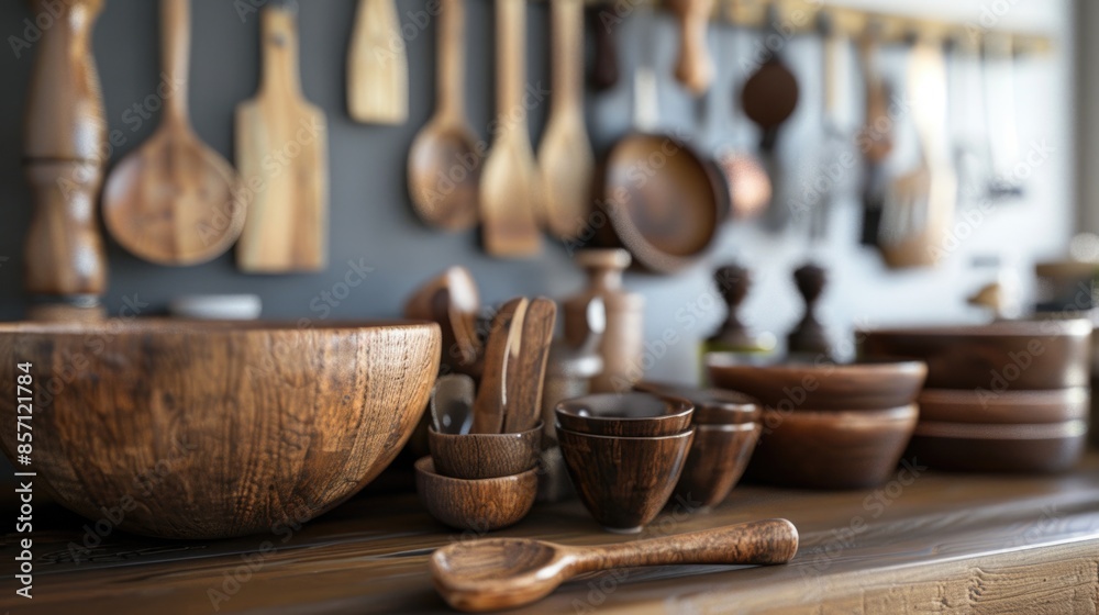 Poster a collection of wooden bowls and spoons placed on a table, ideal for rustic or country-themed settin
