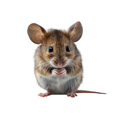 Fototapeta premium Cute, fluffy mouse with big ears and tiny paws looking directly at the camera, isolated on a white background.