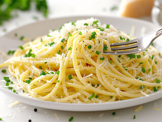 classic spaghetti with Parmesan and fresh parsley on a pristine white plate, perfect for a quick, elegant Italian meal