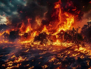 Urgent Wildfire Suppression by Firefighters at Suburban Home During a Sunset Blaze: A Vivid Depiction of Home Insurance and Climate Risks