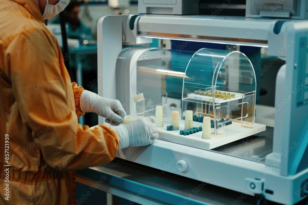 Poster a scientist in a lab coat tinkers with machinery