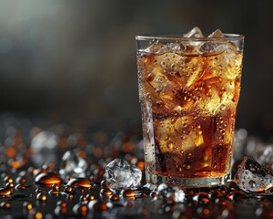 Iced coffee with condensation, refreshing drink setting, space for text above