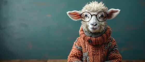 Lamb wearing teacher glasses, classroom background, space above for text