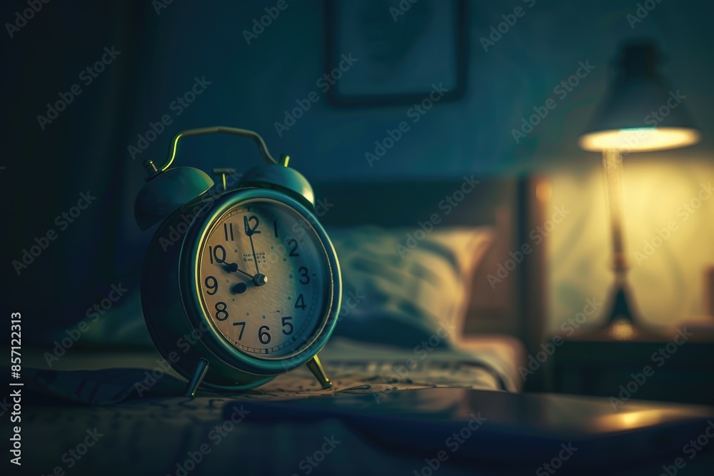 Poster a green alarm clock sits on the edge of a bed, ready to wake someone up