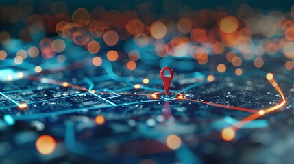 A digital composite featuring a glowing red map pin on a futuristic blue city map with illuminated network connections. location tracking technology and smart city concepts
