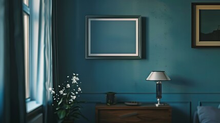 Teal Wall Interior With Empty Frame and Lamp