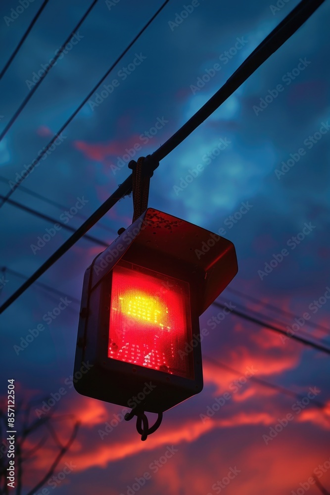 Poster a red traffic light suspended from a power line against a clear blue sky, symbolizing caution and wa