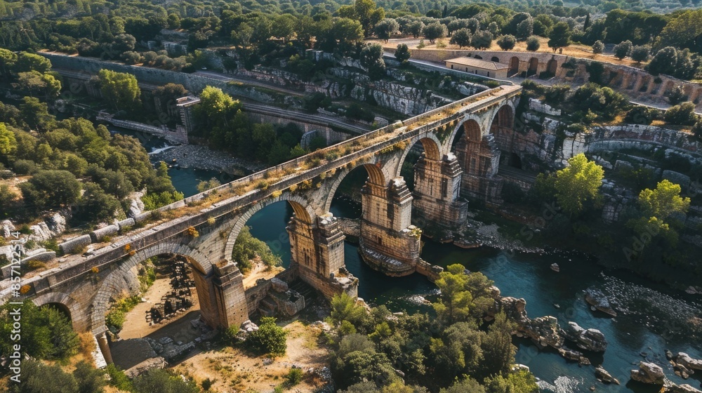 Poster aerial view of a bridge crossing a river with calm waters and surrounding landscape
