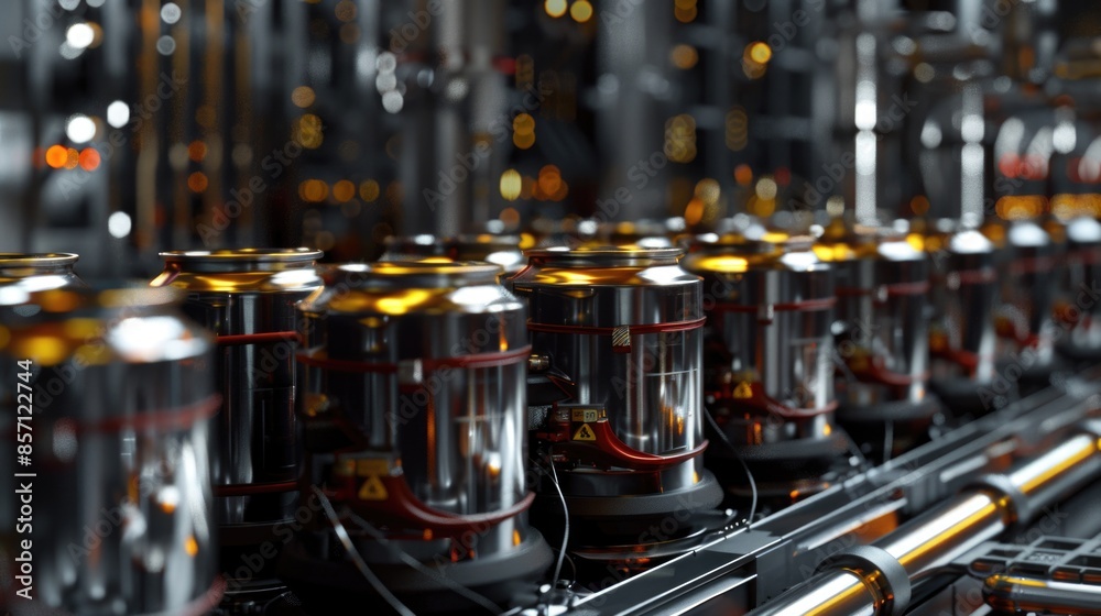 Poster a row of empty beer cans on a conveyor belt, ready for packaging and distribution