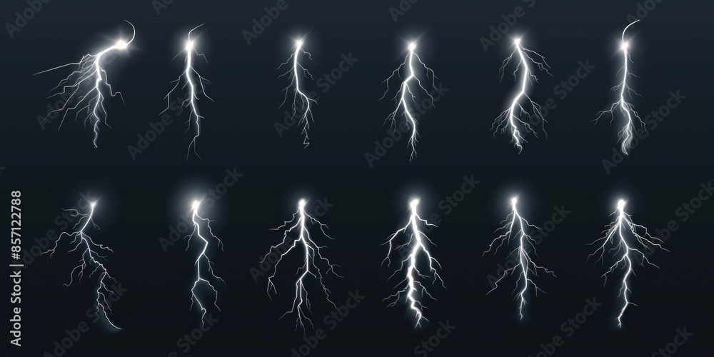 Poster photograph of lightning flashes on a dark background, suitable for use in weather reports or nature-