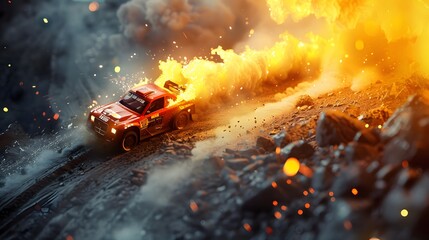 Fototapeta premium Rally racing car on dirt track, with fire effects, extreme sport activities theme, created with generative ai