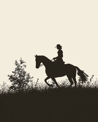 Silhouette of a person riding a horse, countryside, Human Silhouette, Harmony and adventure