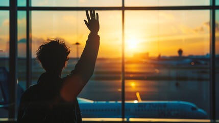 Fototapeta premium Silhouette of a person waving goodbye, airport setting, Human Silhouette, Farewell and journey