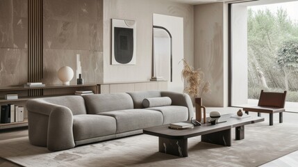 The image shows a modern living room with a grey sofa, a wooden coffee table, and large windows providing natural light.