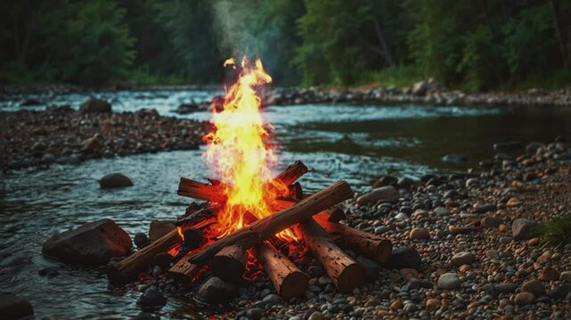 Campfire by the river, seamless 4K looping virtual video animation background