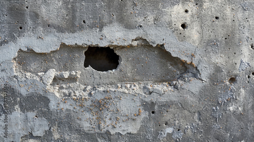 Poster a hole in a concrete wall with various sized holes, suitable for use in illustrations about construc